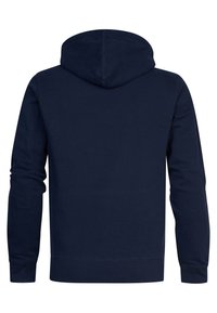 Sweat à capuche bleu marine à manches longues avec capuche cousue, poignets et ourlet côtelés, montré de dos sur fond blanc.