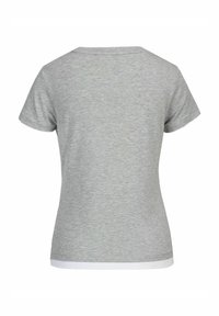 Kurzärmliges graues T-Shirt aus weichem Material, mit einem einfachen Rundhalsausschnitt und einem kontrastierenden weißen Saum am Boden.