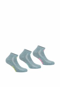Chaussettes de cheville grises avec une bordure côtelée. Chacune arbore un logo coloré : jaune, bleu et rose. Texture douce et design ajusté pour le confort.