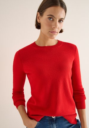 Maglione rosso lavorato a maglia con maniche lunghe e scollo rotondo. Presenta polsini a coste e una finitura testurizzata. Indossato sopra jeans blu.