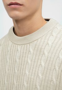 Pull en tricot beige avec un col ras de cou côtelé, des motifs texturés et une coupe ajustée, mettant en avant un tissu doux et léger.