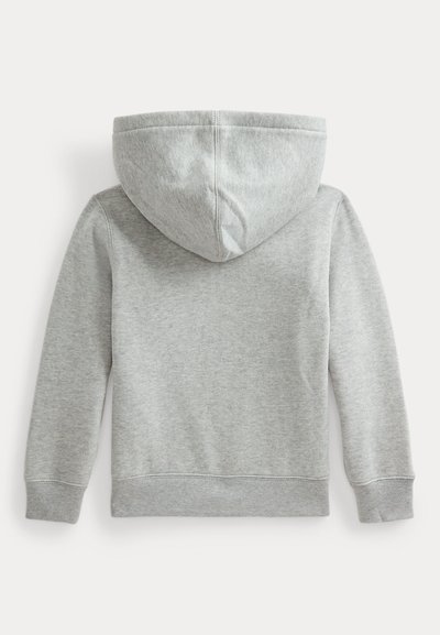 Grå hettegenser med en myk, jevn tekstur. Har en foret hette, lange ermer og ribbestrikket kant. Enkelt design uten synlige logoer eller mønstre.