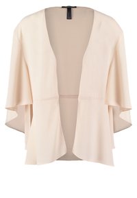 Cardigan femme beige clair à ouverture sur le devant, manches larges trois-quarts et coupe décontractée.