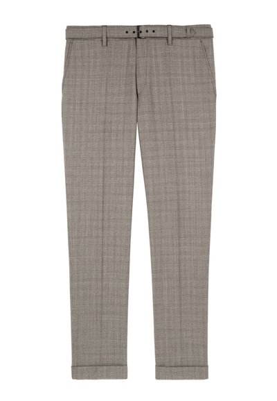Graue karierte Hose mit geradem Bein, flachem Vorderteil, Gürtelschlaufen und Umschlägen. Der Stoff hat eine dezente Textur und ein Muster.