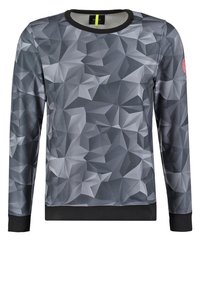 Sweat-shirt gris à manches longues avec un motif géométrique, bord noir au cou et aux poignets, et un petit logo brodé sur la manche gauche.