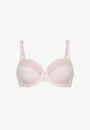 Bh i lys beige med blonder på den øverste del af kopperne og prikker på den nederste del. Har justerbare stropper og en lille sløjfe i midten foran.