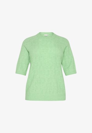 Maglione lavorato a maglia verde chiaro con maniche corte, caratterizzato da un motivo testurizzato di foglie. Collo e polsini a coste. Materiale morbido e leggero.