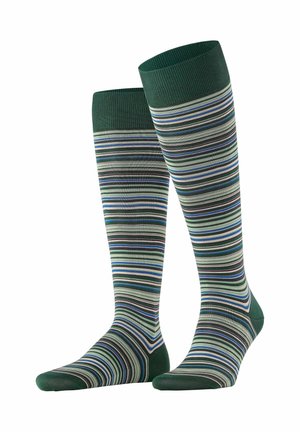 Knee-high socks with dark green cuffs, heels, and toes, featuring horizontal stripes in green, blue, white, and black tones.