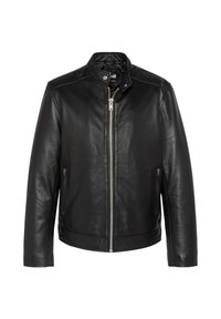 Zwarte leren jas met een opstaande kraag, rits aan de voorkant, zijzakken en een gladde structuur. Kenmerkt zich door strakke lijnen en minimale details.