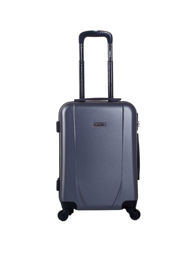 Maleta rígida compacta en gris oscuro con un acabado texturizado, manija extensible y cuatro ruedas que se deslizan suavemente. Cuenta con un cierre de cremallera.