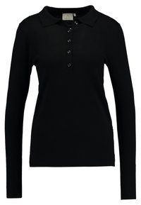 Zwarte lange mouwen polo van zacht materiaal, met een kraag, een knoopsluiting met vier zwarte knopen en geribde manchetten.