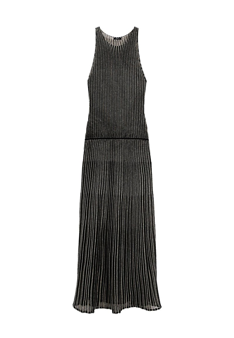Abito nero con strisce verticali, design senza maniche, gonna fluida e corsetto aderente, che mette in mostra uno stile elegante e snodato.