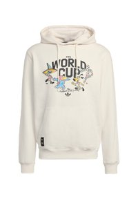 Λευκή φούτερ με κουκούλα με το κείμενο FIFA World Cup, καρτούν μασκότ που παίζουν ποδόσφαιρο, μπροστινή τσέπη και κουκούλα με κορδόνι.