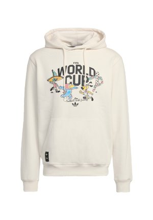 Valkoinen huppari, jossa FIFA World Cup -teksti, sarjakuvamaskotteja pelaamassa jalkapalloa, etutasku ja kiristysnauhallinen huppu.