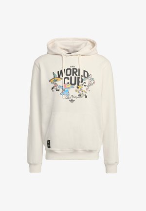 Biela mikina s kapucňou s nápisom FIFA World Cup, kreslenými maskotmi hrajúcimi futbal, predným vreckom a sťahovacou šnúrkou na kapucni.