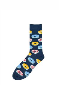 Calcetines azul marino con un patrón repetido de donuts en amarillo, rosa y azul. Tejido de punto con puño acanalado y textura suave.