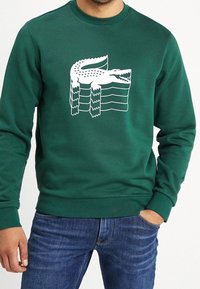 Grön sweatshirt med vit krokodilgrafik, rund halsringning, ribbade mudd och fåll, tillverkad av ett mjukt, texturerat tyg.