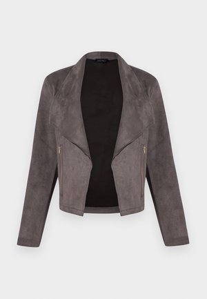 Veste grise en suède et simili cuir à ouverture avant, col à revers, poches latérales zippées, manches longues et ourlet court.