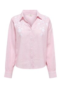 Camicia a righe in rosa e bianco, con accenti floreali ricamati in bianco sul petto. Maniche lunghe con polsini a bottoni.