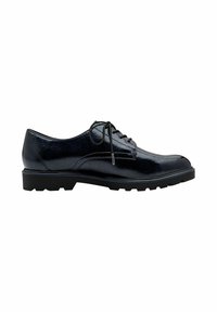 Scarpa lace-up in pelle nera lucida con punta arrotondata, superficie texturizzata e suola in gomma spessa con un motivo antiscivolo.