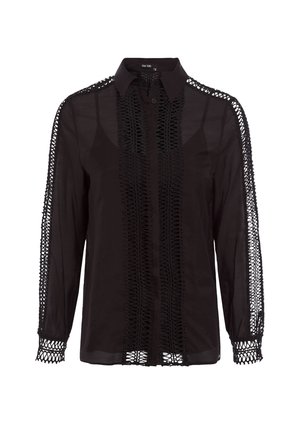 Black shirt featuring long sleeves, a button-up front, and intricate lace detailing along the sleeves and center panel. Soft, lightweight fabric.
