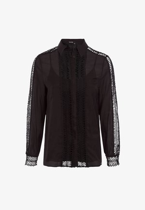 Black shirt featuring long sleeves, a button-up front, and intricate lace detailing along the sleeves and center panel. Soft, lightweight fabric.