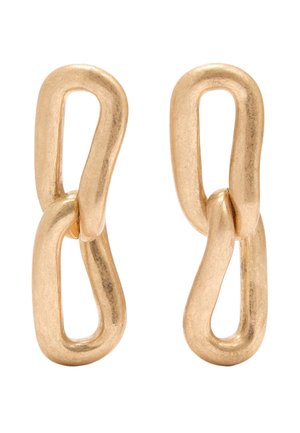 Matowe kolczyki w złotym odcieniu z dwoma zazębiającymi się wydłużonymi ogniwami łańcucha w minimalistycznym, nowoczesnym designie.