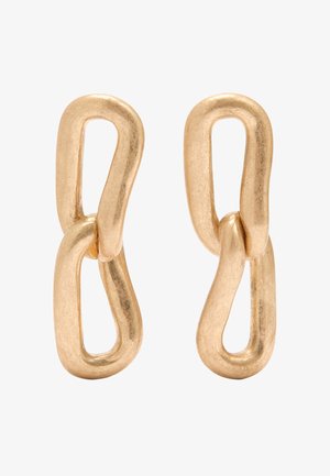 Matowe kolczyki w złotym odcieniu z dwoma zazębiającymi się wydłużonymi ogniwami łańcucha w minimalistycznym, nowoczesnym designie.