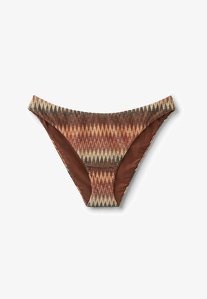 Culotte de bikini taille basse avec motif zigzag en tons marron, beige et rouille, avec une doublure intérieure unie marron.