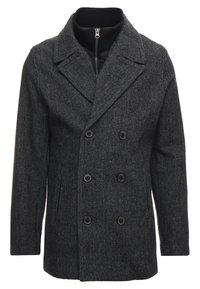 Abrigo de lana de color gris oscuro, de doble botonadura, con solapas anchas, seis botones negros, bolsillos laterales y una capa interior negra con cremallera visible en el cuello.