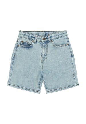 Hele sinised teksapüksid eesnuppude, lukuga, vööaasade ja viie taskuga.