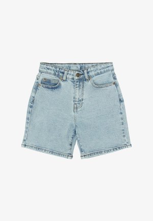 Hele sinised teksapüksid eesnuppude, lukuga, vööaasade ja viie taskuga.