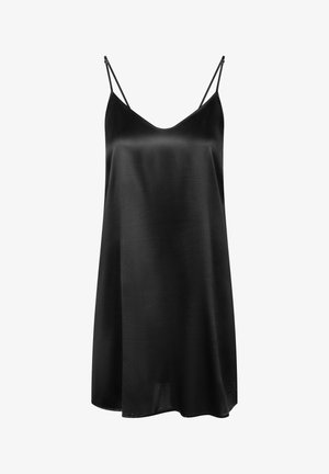 Abito nero in satin con scollo a V e spalline sottili regolabili. Il tessuto è liscio e lucido, che cade morbido fino a metà coscia.