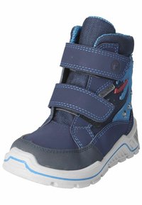 Blauwe stoffen enkelboot met dubbele klittenbandsluitingen, grijze rubberen zool en decoratieve gestikte accenten. Heeft een gestructureerde bovenkant en een kleurrijk ontwerp.