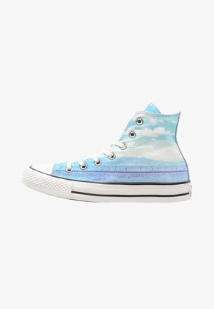 High-top sneaker with white laces and sole, featuring a blue sky and landscape print with clouds and a bridge.