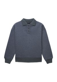 Pullover grigio scuro con colletto a coste, patta con cinque bottoni e polsini a coste. Texture morbida, vestibilità casual e colore uniforme.