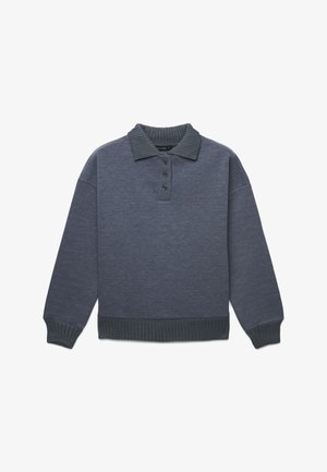 Pullover grigio scuro con colletto a coste, patta con cinque bottoni e polsini a coste. Texture morbida, vestibilità casual e colore uniforme.