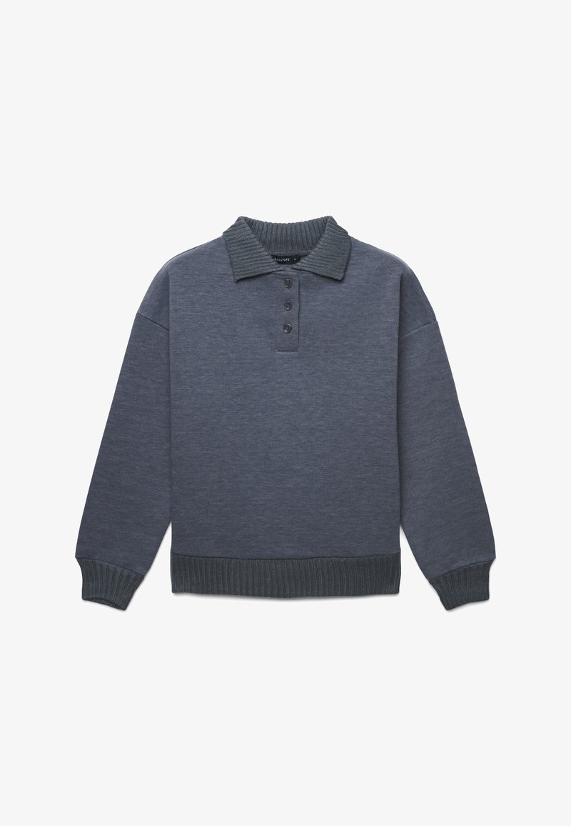 Pullover grigio scuro con colletto a coste, patta con cinque bottoni e polsini a coste. Texture morbida, vestibilità casual e colore uniforme.