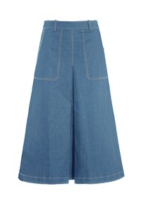 Denim krilo z razširjenim dizajnom, srednje dolžine, dvema sprednjima žepoma in kontrastnim šivom v svetlo bež barvi. Gladka tekstura.