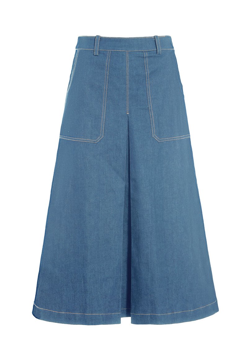 Denim krilo z razširjenim dizajnom, srednje dolžine, dvema sprednjima žepoma in kontrastnim šivom v svetlo bež barvi. Gladka tekstura.