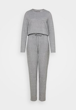 Combinaison grise à manches longues, col rond, taille à cordon de serrage et jambes fuselées. Fabriquée en tissu doux et texturé.