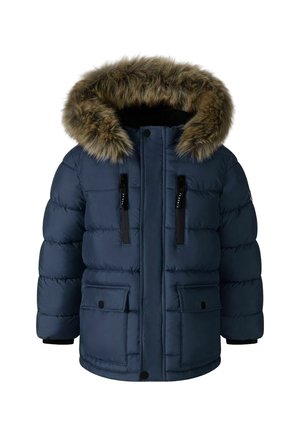 Veste d'hiver matelassée bleu marine avec capuche doublée de fourrure, fermeture éclair frontale, deux zips poitrine et deux poches à rabat boutonnées.