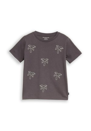 Dunkelgraues T-Shirt mit kurzen Ärmeln und sechs gleichmäßig verteilten weißen Palmenumrissen auf der Vorderseite, Kind Größe 104/110 von Tom Tailor.