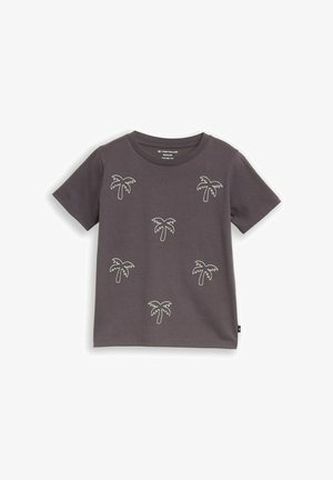 Dunkelgraues T-Shirt mit kurzen Ärmeln und sechs gleichmäßig verteilten weißen Palmenumrissen auf der Vorderseite, Kind Größe 104/110 von Tom Tailor.
