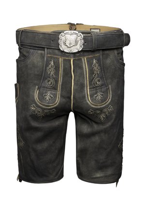 Lederhosen mit dekorativen silbernen Akzenten, schwarzer Farbe, kontrastierender gelber Naht und detaillierter Stickerei auf Taschen und Seiten.