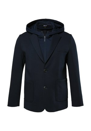 Blazer azul marino con capucha, diseñado con una mezcla de materiales. Presenta dos bolsillos frontales, un cierre con un solo botón y un bolsillo en el pecho.