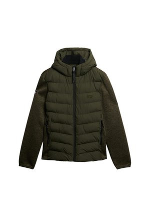 Padded jacket with a hood in dark green. Features textured sleeves, a front zip, and side pockets. Soft material with a sleek design.