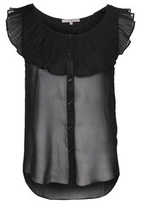 Camicia nera con bottoni, colletto a rouches plissettato, tessuto trasparente, orlo arrotondato e chiusura frontale con bottoni. Tessuto morbido e design leggero.