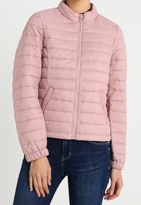 Chaqueta acolchada de color rosa claro con cuello alto, cierre de cremallera y diseño acolchado horizontal. Cuenta con dos bolsillos frontales y puños elásticos.