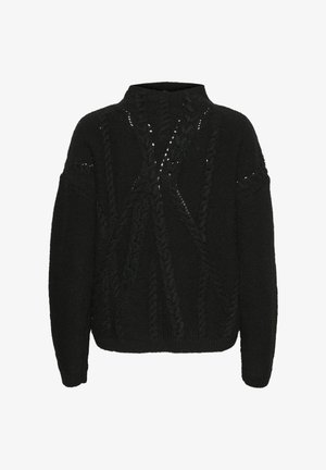 Čierny pletený sveter s vysokým golierom, zdobený vzormi rybej kosti a otvorenými detailmi. Dlhé rukávy a uvoľnený strih.